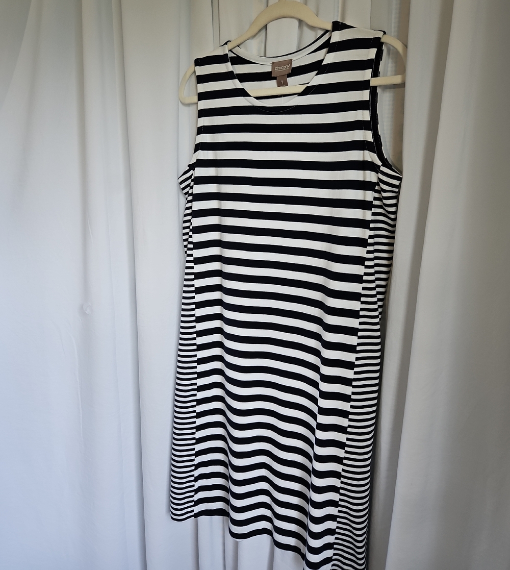 Chico's Size 1 Black & White Striped Sleeveless Midi Dress Women's Med 8-10-NWT